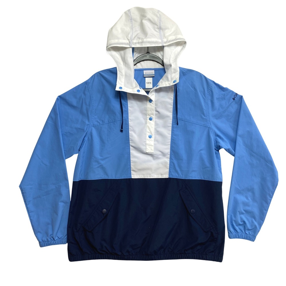 Columbia Windbreaker Mens L Blue Colorblock Pullover Snap Button Hooded Jacket